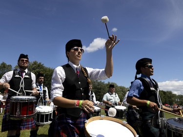 A drummer from the Glengarry Pipe Band takes part in the opening ceremonies during the Montreal Highland games in Montreal on Sunday, July 31, 2022.