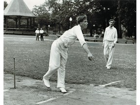 George Chesterton of Marylebone Cricket Club bowls in a photo dated Aug. 4, 1951 and taken at Westmount Park. At right is teammate John Warr.