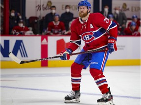 Montreal Canadiens defenseman Jeff Petry patrols the blue line during a game against the Winnipeg Jets in Montreal on April 8, 2021.