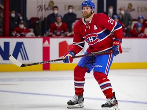 Montreal Canadiens defenceman Jeff Petry patrols the blueline during first period of a National Hockey League game against the  Winnipeg Jets in Montreal on April 8, 2021.