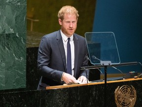 Prince Harry, Duke of Sussex, speaks at the United Nations General Assembly on Nelson Mandela International Day at UN headquarters on July 18, 2022 in New York City. Nelson Mandela International Day was officially declared by the United Nations in November 2009 and was first celebrated on July 18, 2010.