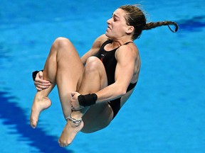Mia Vallée of Team Canada competes in the Women's 1m Springboard Final at the Budapest 2022 FINA World Championships in Budapest, Hungary.
