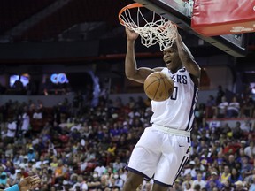 Bennedict Mathurin #0 of the Indiana Pacers dunks against the the Charlotte Hornets during the 2022 NBA Summer League at the Thomas & Mack Center on July 08, 2022 in Las Vegas, Nevada.