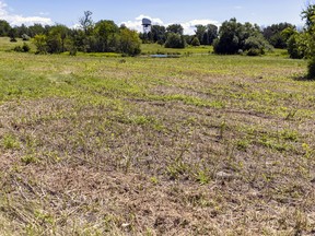 A radar dome rises above Golf Dorval, rear, and the razed Monarch Fields on Aéroports de Montréal land in Dorval, west of Montreal, Monday July 4, 2022.