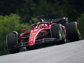 Ferrari's Monegasque driver Charles Leclerc drives on the Red Bull Ring race track in Spielberg, Austria, during the Formula One Austrian Grand Prix on Sunday, July 10, 2022.