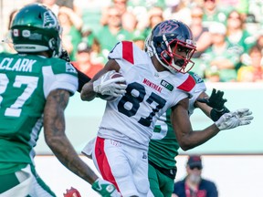 Montreal Alouettes receiver Eugene Lewis carries ball against the Saskatchewan Roughriders in Regina on July 2, 2022.