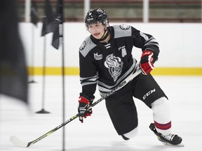 Tristan Luneau of the Gatineau Olympiques skates through drills at the 2022 Kubota CHL/NHL Top Prospects practice in Kitchener, Ont. on Tuesday, March 22, 2022.