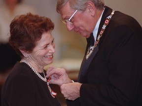 Sheila Goldbloom is inducted as a Member of the Order of Canada by the then governor general, Roméo Leblanc, on Feb. 3, 1999, for her contributions in the area of social service.