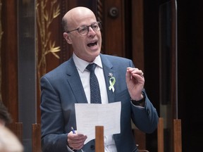 Parti Quebecois Leader Joel Arseneau questions the government during question period Tuesday, February 15, 2022 at the legislature in Quebec City.