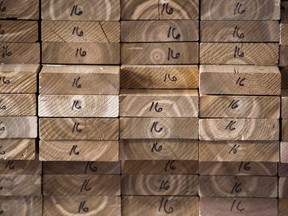 Cedar planks are stacked at a lumber yard in Montreal, Tuesday, April 25, 2017.