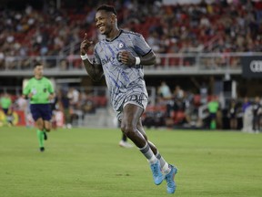 CF Montréal forward Romell Quioto celebrates after scoring a goal against D.C. United in the first half at Audi Field in Washington on Saturday, July 23, 2022.