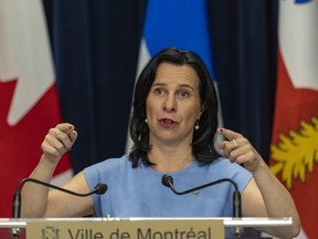 Montreal Mayor Valérie Plante answers questions at a press conference at city hall on Tuesday May 3, 2022.