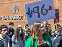 Demonstrators protest Bill 96 outside John Abbott College in May 2022.