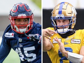 Alouettes' Najee Murray, left, and Winnipeg Blue Bombers' Zach Collaros, right, both attended Steubenville High in Ohio.