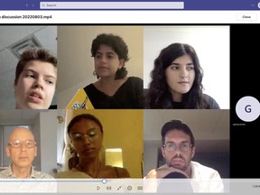 Journalists at the beginning of their careers participate in a discussion with Montreal Gazette editor-in-chief Bert Archer. Clockwise from top left: Sophie Dufresne, Sepideh Afshar, Dima Kiwan, Gabriela Vasquez-Rondon (represented by the G), Renaud Chicoine-McKenzie, Monique Kasonga, and Archer.