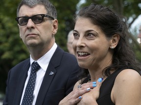 Bonnie Feigenbaum, the Conservative Party of Quebec's candidate in the D'Arcy-McGee riding, with party leader Éric Duhaime in Hampstead on Thursday August 11, 2022.