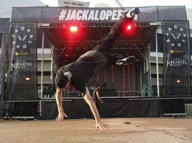 Ryan Everett does some Breaking moves at the Jackalope festival on the Esplanade of the Olympic Park in Montreal Sunday, August 21, 2022.