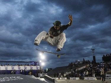 Jaden Bono prepares for the Street Skate competition at the Jackalope festival on the Esplanade of the Olympic Park in Montreal Sunday, August 21, 2022.