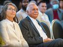 Renowned architect Moshe Safdie, with his wife Michal at his side, listens to an introduction by Director Suzanne Fortier before the announcement of his donations to McGill University in Montreal on Tuesday, August 23, 2022.