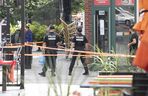 Montreal police at the scene of a shooting at the corner of Rue Saint-Denis near Emery Street in Montreal, Tuesday, August 23, 2022.