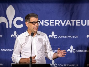 Conservative Party of Quebec Leader Éric Duhaime speaks in Montreal North on Thursday, August 25, 2022.