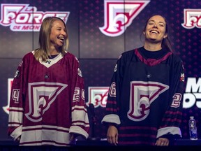 An image provided by the Premier Hockey Federation shows players Sam Isbell, Brigitte Laganière and Jade Downie-Landry in the jerseys of the new Montreal Force women's hockey team.