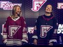 Forward Anne-Sophie Bethes and defender Brigitte Laganiere unveil the jerseys of the new Montreal Force Women's Hockey Team on August 30, 2022.