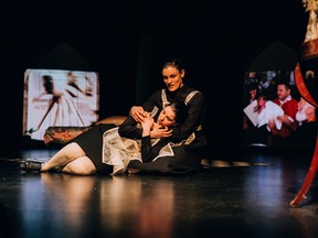 Camila Forteza (kneeling) and Marie-Ève Bérubé in Proje(c)t; les bonnes, a freewheeling, trilingual adaptation of Jean Genet's The Maids at La Chapelle.