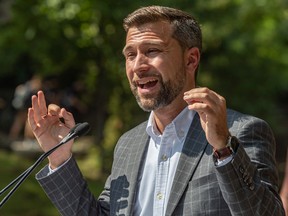 Gabriel Nadeau-Dubois, co-spokesperson for Québec solidarie, at a news conference in Outremont on Monday August 29, 2022.