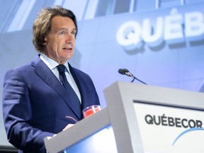 Quebecor president and CEO Pierre Karl Peladeau addresses the media company's annual meeting in Montreal on Thursday, May 9, 2019. The Montreal-based telecom and media company is reporting a rise in profits in the second quarter and a drop in revenues.