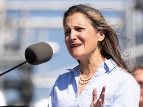 Deputy Prime Minister Chrystia Freeland speaks after touring a hydrogen production facility in Sherwood Park, Alta., on Aug. 25.