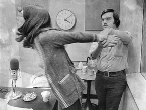 Serge Asselin, a former guard who worked in the solitary confinement section at Maison Notre Dame de Laval, demonstrates on reporter Gillian Cosgrove how rough guards could be with the girls in the centre.