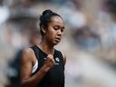 Canada's Leylah Fernandez clenches her fist after scoring a point against Italy's Martina Trevisan during their quarterfinal match at the French Open tennis tournament at the Roland Garros stadium in Paris, France, Tuesday, May 31, 2022. .