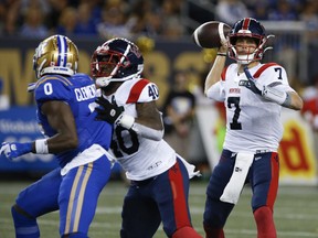 Alouettes quarterback Trevor Harris throws a pitch against the Blue Bombers last week in Winnipeg.