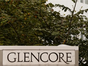 The logo of commodities trader Glencore is pictured in front of the company's headquarters in Baar, Switzerland, Sept. 30, 2015.