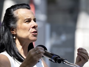 Montreal mayor Valerie Plante speaks to the media outside city hall Aug. 15, 2022.