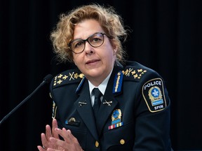 Interim Montreal Police Chief Sophie Roy speaks during a news conference in Montreal, Saturday, August 27, 2022, where she outlined plans to tackle gun violence in Montreal.
