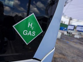 A chemical symbol on a hydrogen powered bus.