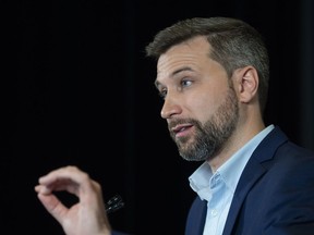 Québec solidaire co-spokesperson Gabriel Nadeau-Dubois speaks during a news conference at the party's council meeting in Montreal, Saturday, May 28, 2022.