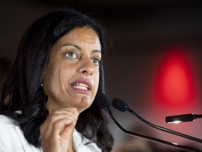 Quebec Liberal Party Leader Dominique Anglade speaks at a rally during an election campaign stop in Montreal, Sunday, August 28, 2022.