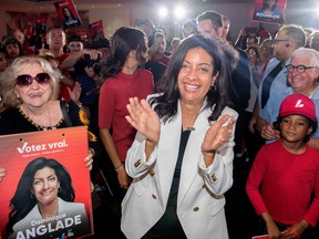 Quebec Liberal Party Leader Dominique Anglade arrives for a rally during an election campaign stop in Montreal, Sunday, August 28, 2022.