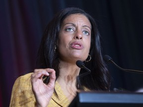 Quebec Liberal Party Leader Dominique Anglade speaks during the party's youth conference in Montreal, Saturday, Aug. 13, 2022.