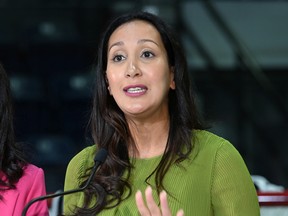 Marwah Rizqy, the Quebec Liberal candidate in St-Laurent, speaks at a news conference on Wednesday, August 31, 2022 in St-Agapit, Que. Rizqy received threats in the last few days.