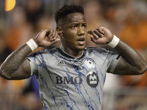 CF Montréal forward Romell Quioto celebrates his penalty kick goal against the Houston Dynamo FC in the first half at PNC Stadium in Houston on Saturday, August 13, 2022.