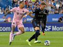 Aug 6, 2022; Montreal, Quebec, CAN; CF Montreal midfielder Djordje Mihailovic (8) plays the ball against Inter Miami CF midfielder Gregore (26) during the first half at Stade Saputo. Mandatory Credit: Eric Bolte-USA TODAY Sports