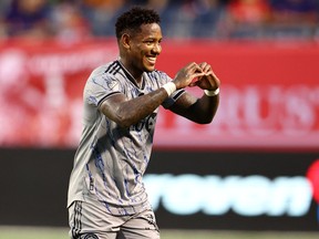 CF Montréal forward Romell Quioto reacts after scoring a goal against the Chicago Fire during the first half at Soldier Field in Chicago on Aug. 27, 2022.