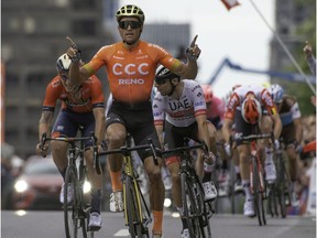 Greg Van Avermaet, riding for UCI WorldTeam CCC, celebrates his victory at the Grand Prix Cycliste de Montréal on Sept. 15, 2019.