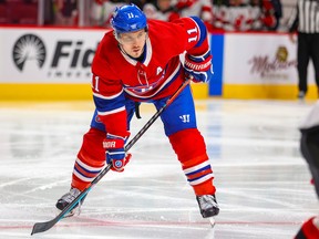 Montreal Canadiens winger Brendan Gallagher lines up for a third period matchup against the New Jersey Devils in Montreal on February 8, 2022.