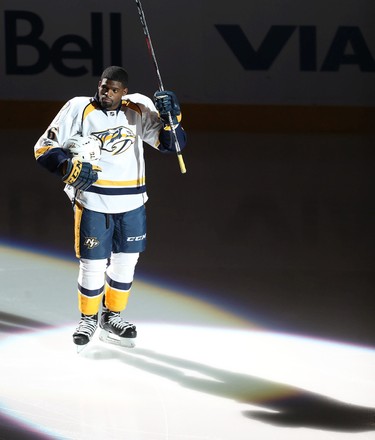 P.K. Subban acknowledges crowd prior to the start of the March 2, 2017, game at the Bell Centre, which was his first in Montreal since being traded to the Nashville Predators.