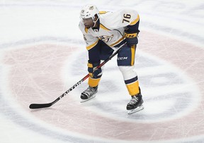 P.K. Subban of the Nashville Predators  stands on the Montreal Canadiens centre ice crest at the Bell Centre on March 2, 2017, during his first game in Montreal after being traded by the Habs.